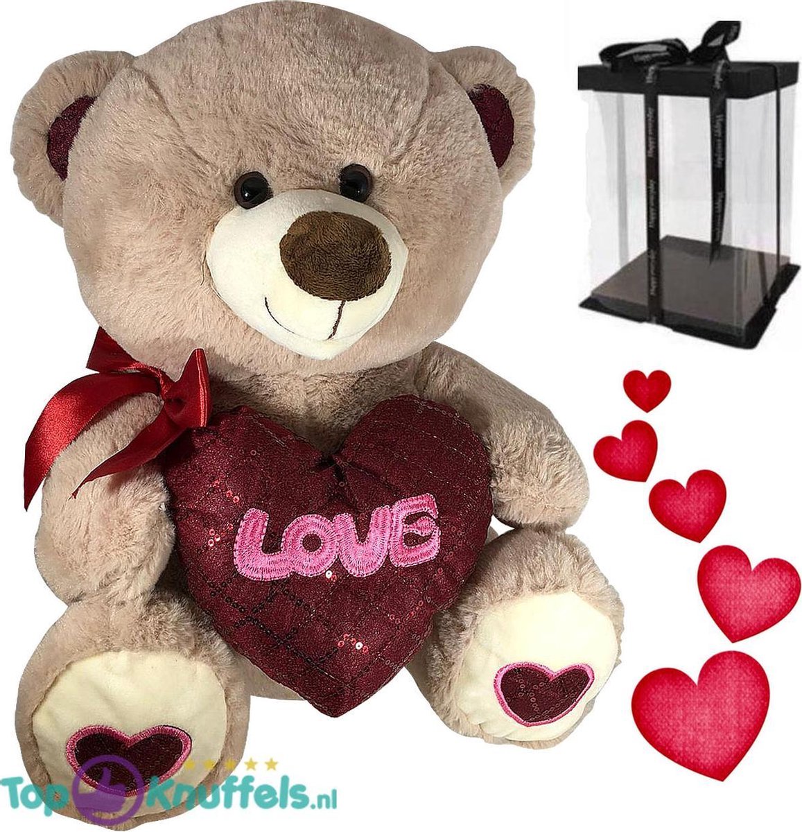 Teddybeer met hart ‘Love’ (Lichtgrijs) 26cm + Liefdes Geschenkdoos | Ik hou van jou / I Love you Knuffelbeer Geschenkdoos |Valentijnsdag cadeau | Love Teddy Beer